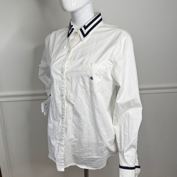 Ralph Lauren 100% Cotton White Button-Up with Navy collar and cuff trim accents - Picture 10 of 11